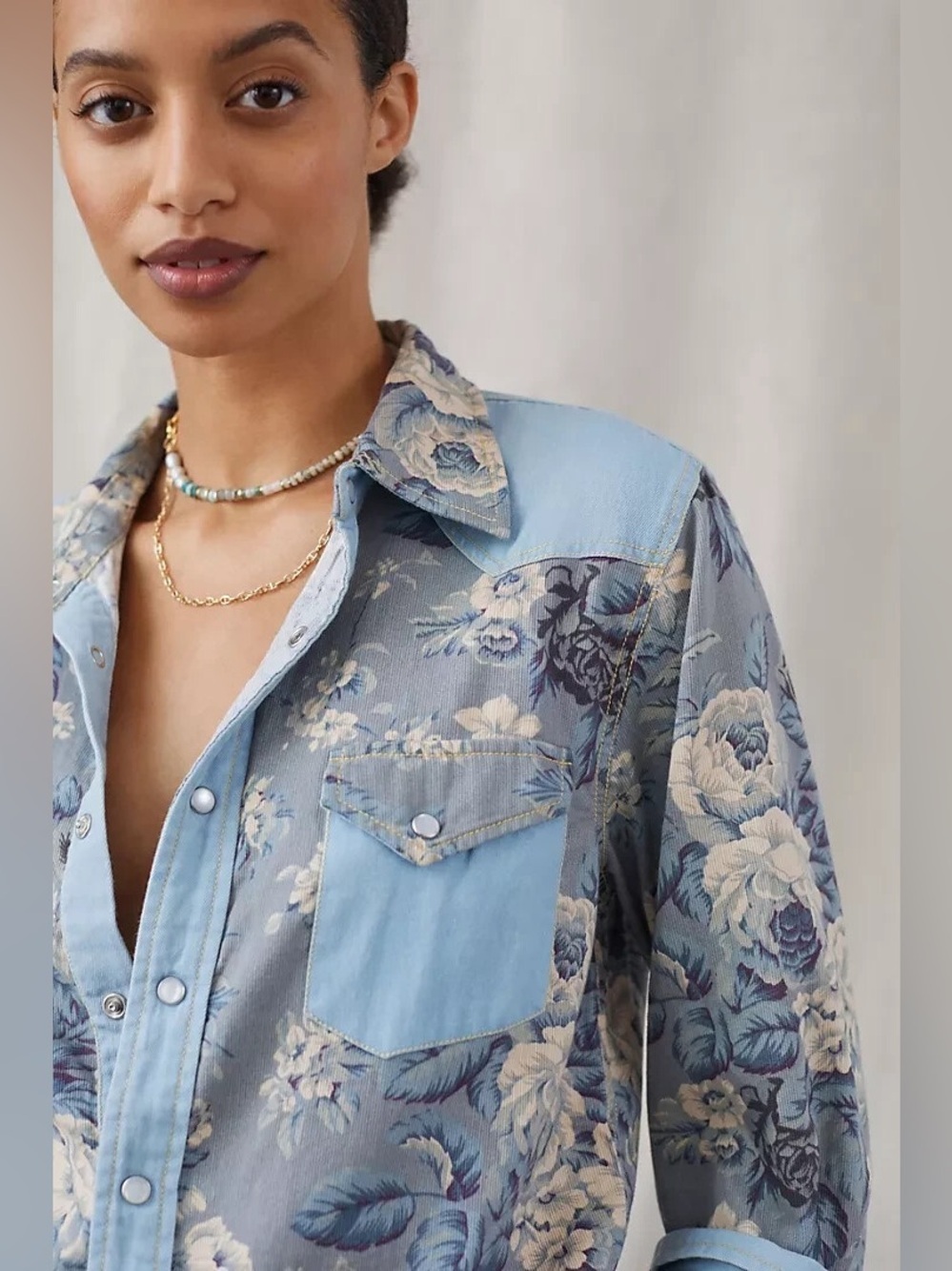 Anthropologie Love The Label Floral Chambray Western Button-Down Shirt (121)